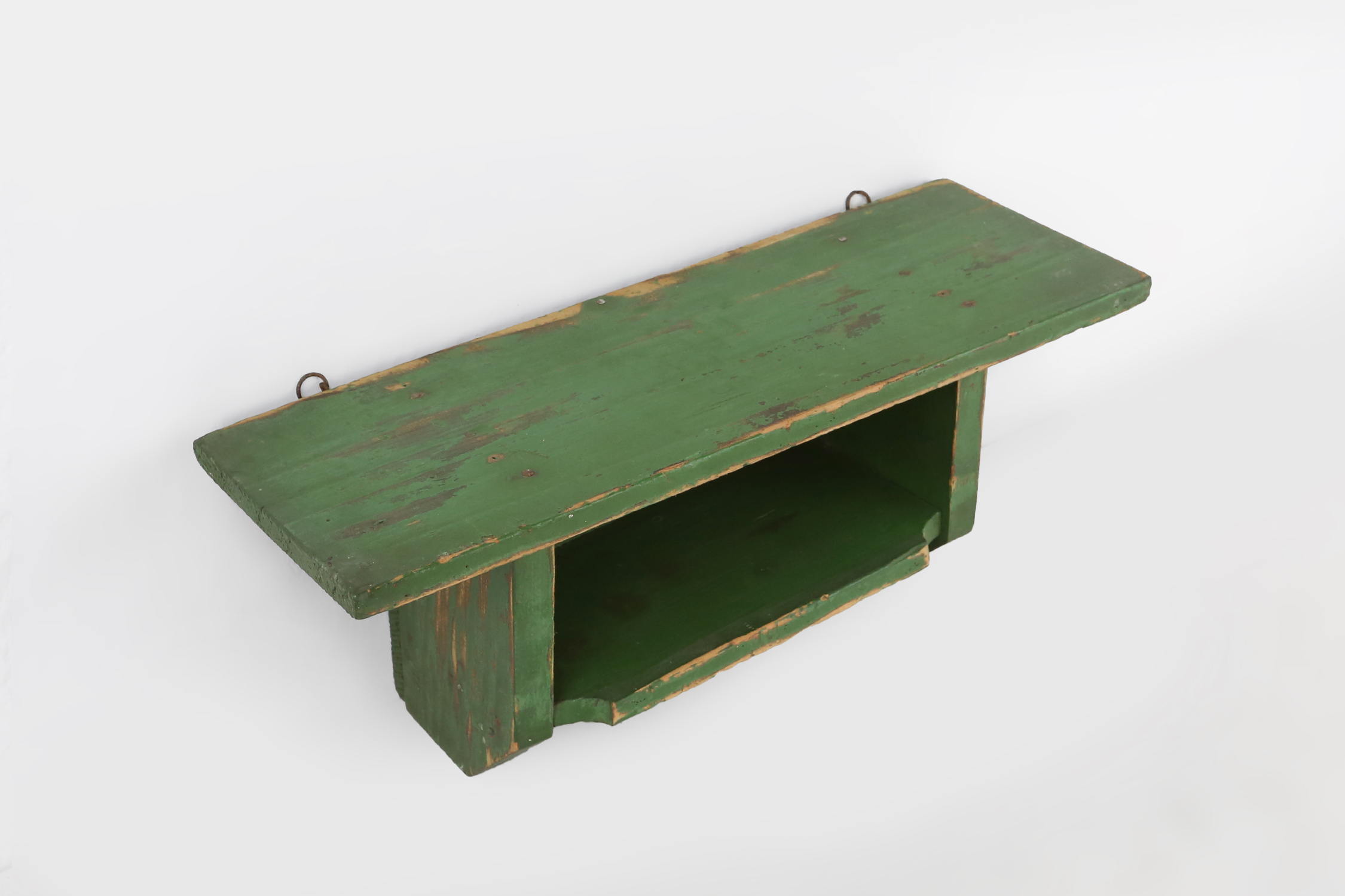 Small Rustic Green Wooden Wall Unit with 2 Shelves, France, 1880sthumbnail